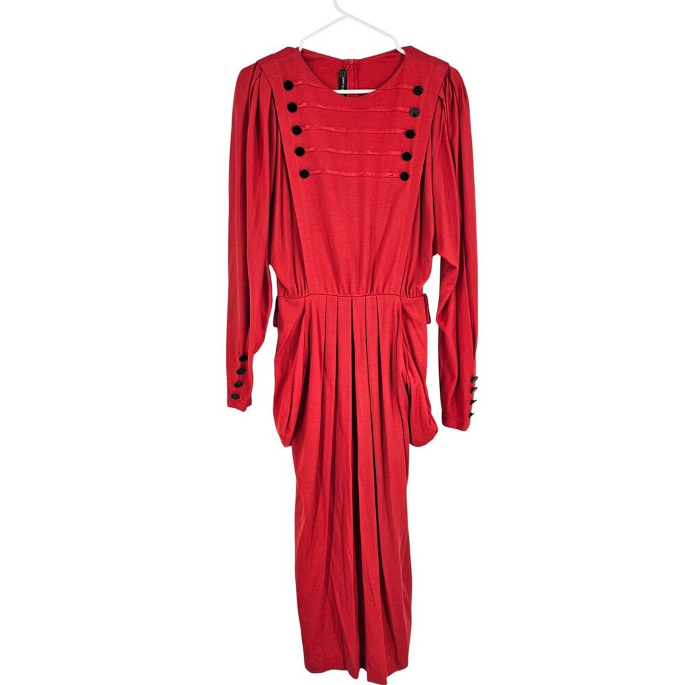 Vintage Louise Feraud Dress Red Wool Blend Long Sleeve Military Midi Size 6